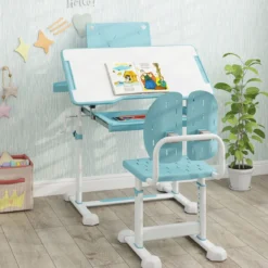 Kinder Schreibtisch mit Stuhl Höhenverstellbarer Kinderschreibtisch mit Neigbarer Tischplatte Blau