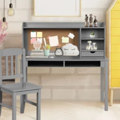 Kinderschreibtisch Set mit Pinnwand Kinder Schreibtisch mit Stuhl Schülerschreibtisch Grau