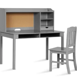 Kinderschreibtisch Set mit Pinnwand Kinder Schreibtisch mit Stuhl Schülerschreibtisch Grau