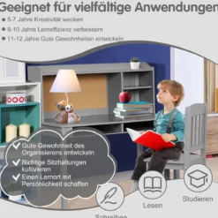 Kinderschreibtisch Set mit Pinnwand Kinder Schreibtisch mit Stuhl Schülerschreibtisch Grau