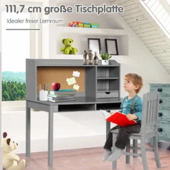 Kinderschreibtisch Set mit Pinnwand Kinder Schreibtisch mit Stuhl Schülerschreibtisch Grau