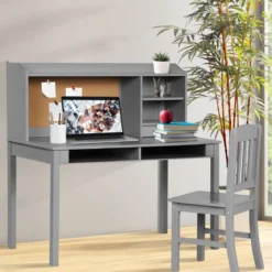 Kinderschreibtisch Set mit Pinnwand Kinder Schreibtisch mit Stuhl Schülerschreibtisch Grau