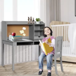 Kinderschreibtisch Set mit Pinnwand Kinder Schreibtisch mit Stuhl Schülerschreibtisch Grau