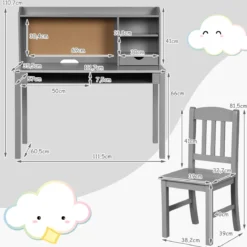 Kinderschreibtisch Set mit Pinnwand Kinder Schreibtisch mit Stuhl Schülerschreibtisch Grau