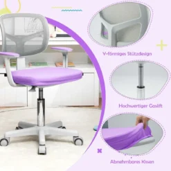Kinder-Schreibtischstuhl Kinder-Computerstuhl mit Einstellbarer Höhe Blau/Violett/Türkis/Rosa/Lila/Grün