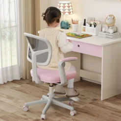 Kinder Schreibtischstuhl mit 41-52 cm Höhenverstellbarer Sitzhöhe Kinderdrehstuhl mit Rollen Rosa