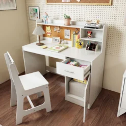 Kinderschreibtisch & Stuhl Set Kinder Schreibtisch aus Holz mit Regalen & Schublade Weiß