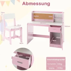 Kinderschreibtisch & Stuhl Set Holz Kinder Schreibtisch mit Regalen & Schublade Rosa