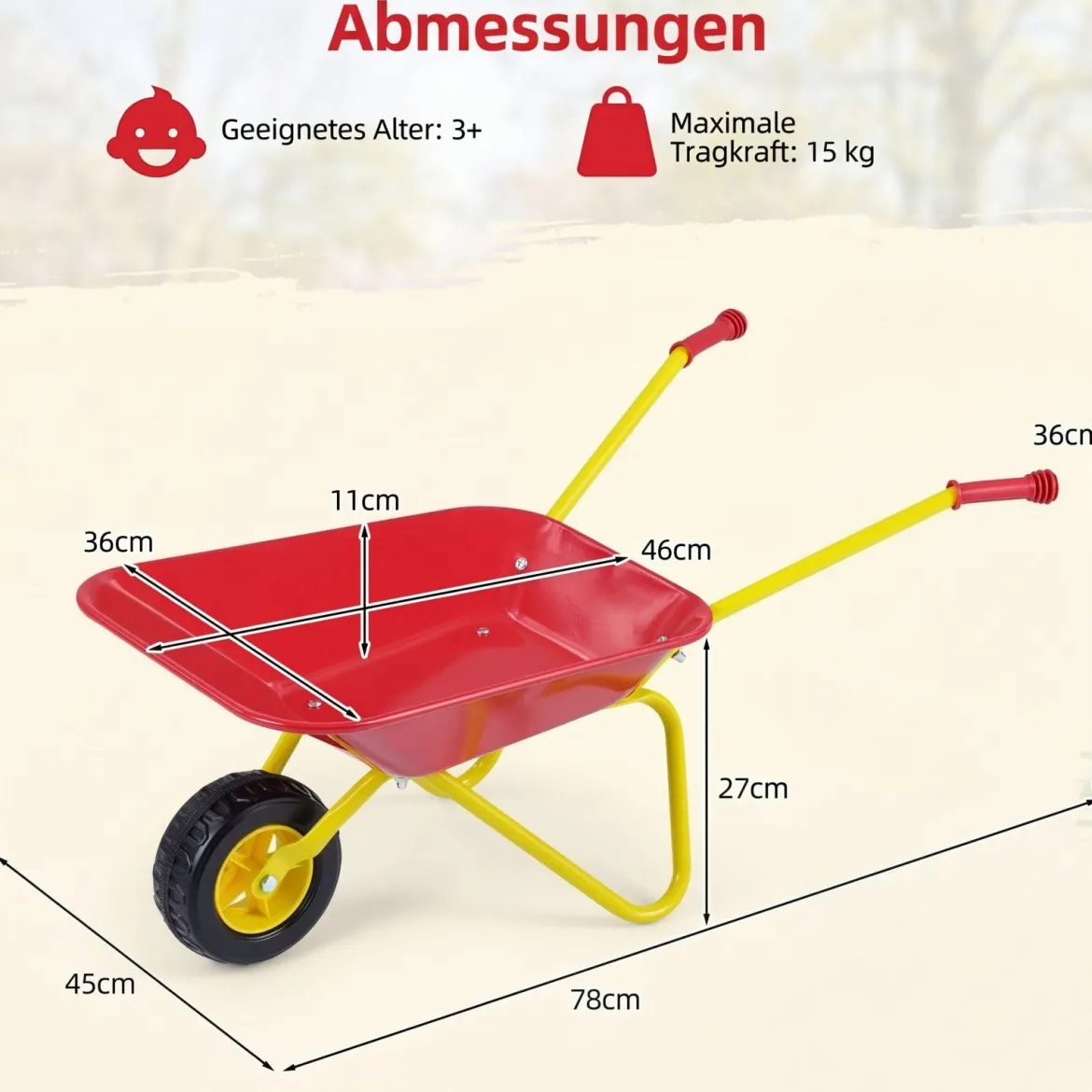 Kinderschubkarre Kunststoff Geländereifen Indoor Outdoor Für Jungen Mädchen Ab 3 Jahren Rot & Gelb