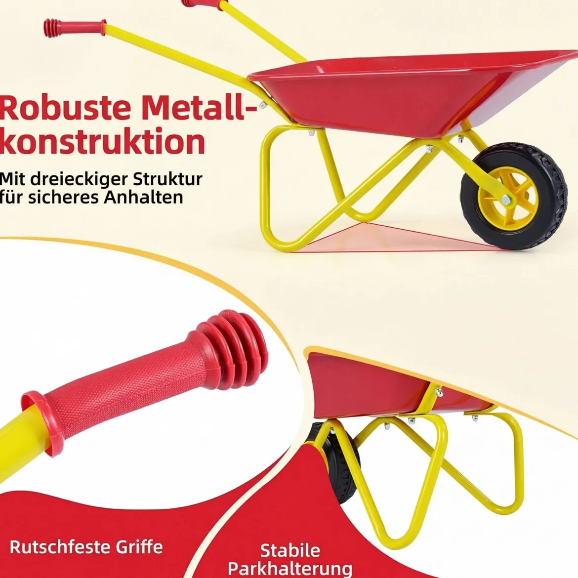Kinderschubkarre Kunststoff Geländereifen Indoor Outdoor Für Jungen Mädchen Ab 3 Jahren Rot & Gelb