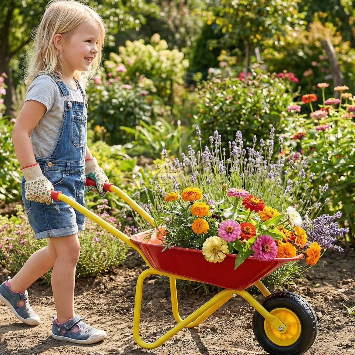 Kinderschubkarre Kunststoff Geländereifen Indoor Outdoor Für Jungen Mädchen Ab 3 Jahren Rot & Gelb