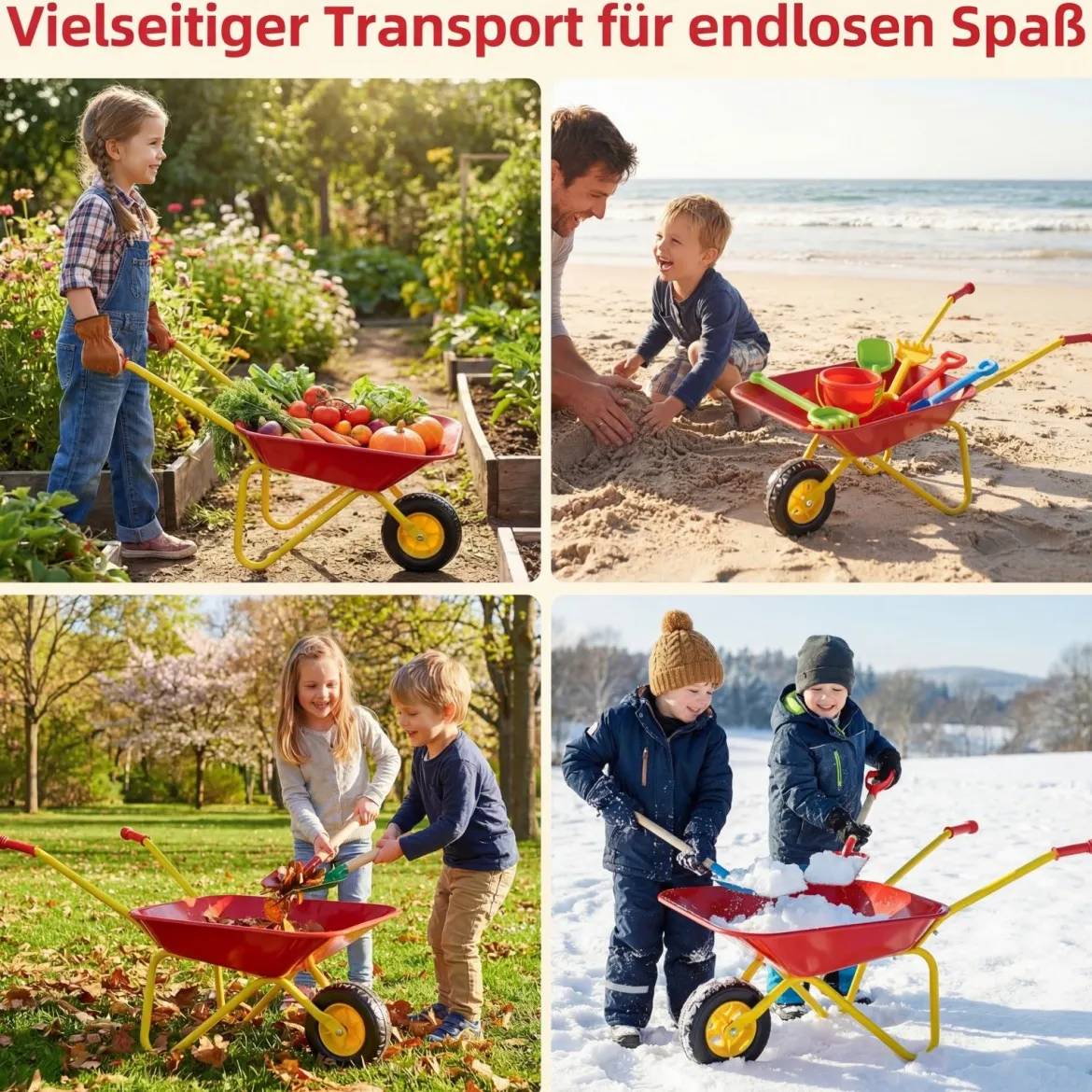 Kinderschubkarre Kunststoff Geländereifen Indoor Outdoor Für Jungen Mädchen Ab 3 Jahren Rot & Gelb