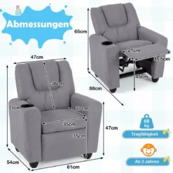 Kindersessel mit Relaxfunktion & Verstellbarer Rückenlehne & Fußstütze Kindersofa Grau