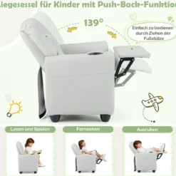 Kindersessel mit Relaxfunktion & Verstellbarer Rückenlehne & Fußstütze Kindersofa Weiß