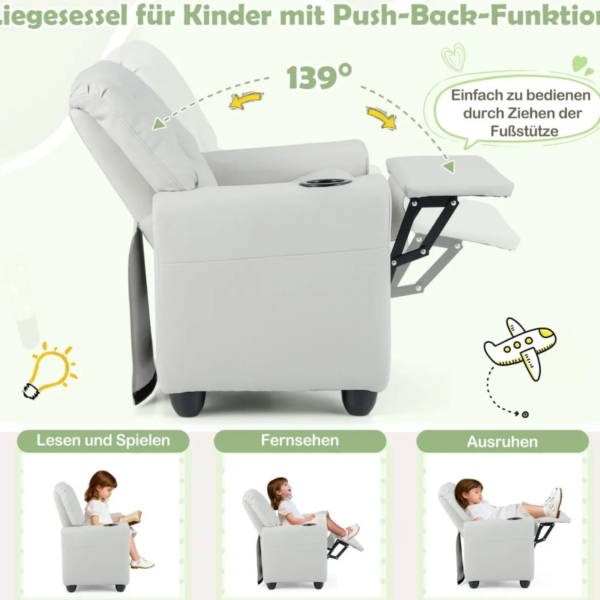 Kindersessel mit Relaxfunktion & Verstellbarer Rückenlehne & Fußstütze Kindersofa Weiß