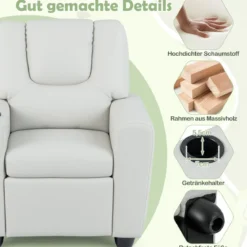 Kindersessel mit Relaxfunktion & Verstellbarer Rückenlehne & Fußstütze Kindersofa Weiß