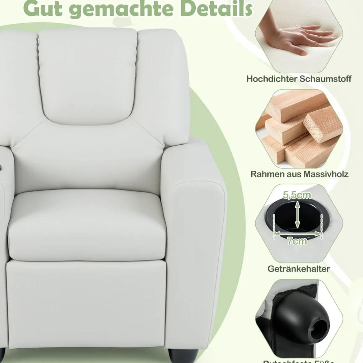 Kindersessel mit Relaxfunktion & Verstellbarer Rückenlehne & Fußstütze Kindersofa Weiß