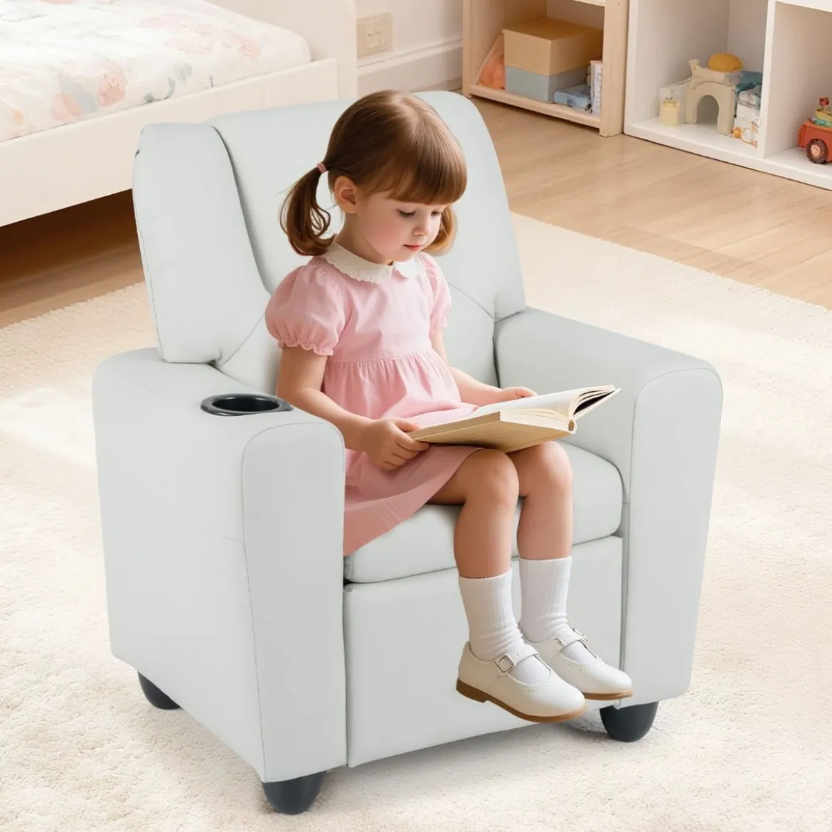 Kindersessel mit Relaxfunktion & Verstellbarer Rückenlehne & Fußstütze Kindersofa Weiß