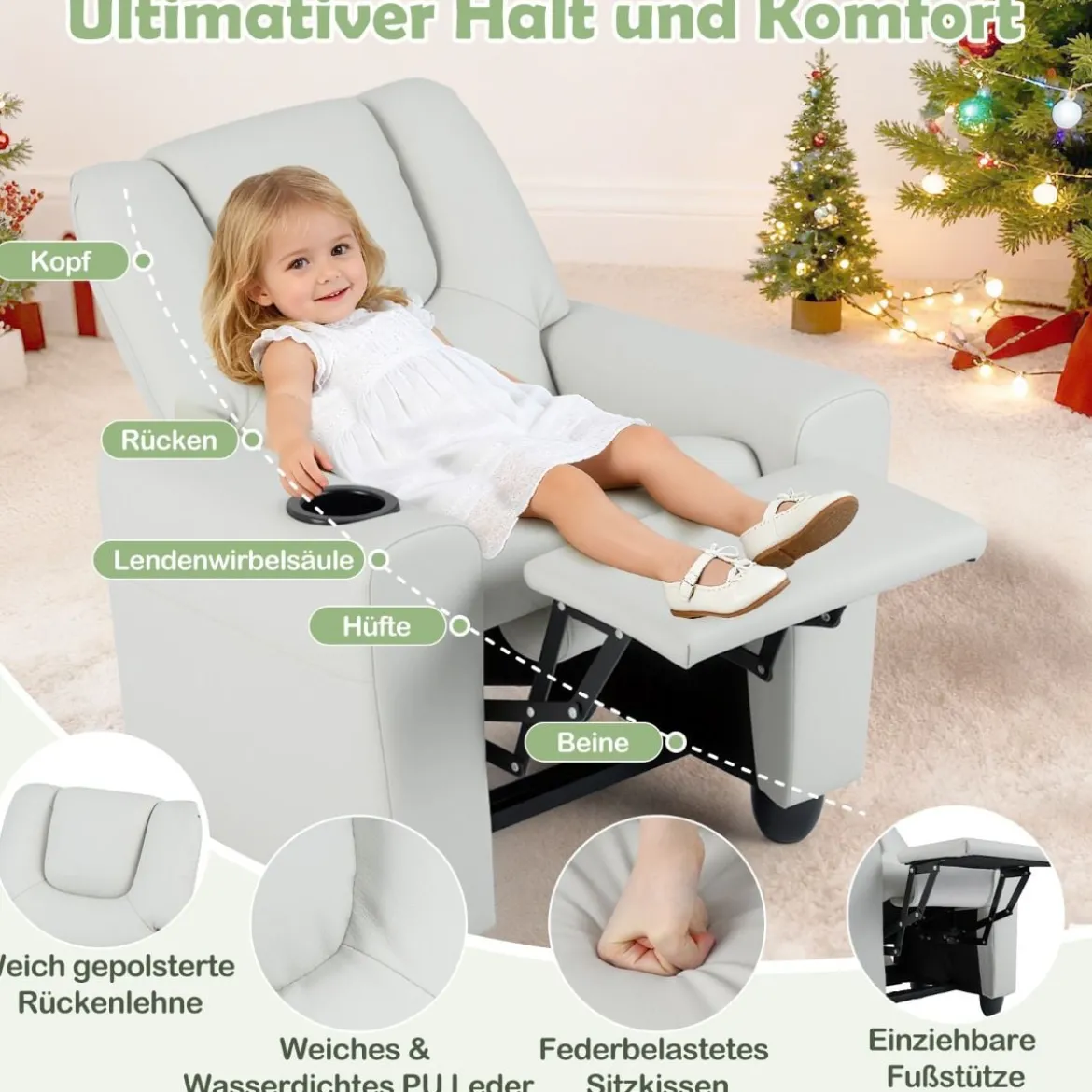 Kindersessel mit Relaxfunktion & Verstellbarer Rückenlehne & Fußstütze Kindersofa Weiß