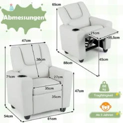 Kindersessel mit Relaxfunktion & Verstellbarer Rückenlehne & Fußstütze Kindersofa Weiß