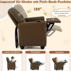 Kindersessel mit Relaxfunktion & Verstellbarer Rückenlehne & Fußstütze Kindersofa Braun