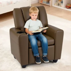Kindersessel mit Relaxfunktion & Verstellbarer Rückenlehne & Fußstütze Kindersofa Braun
