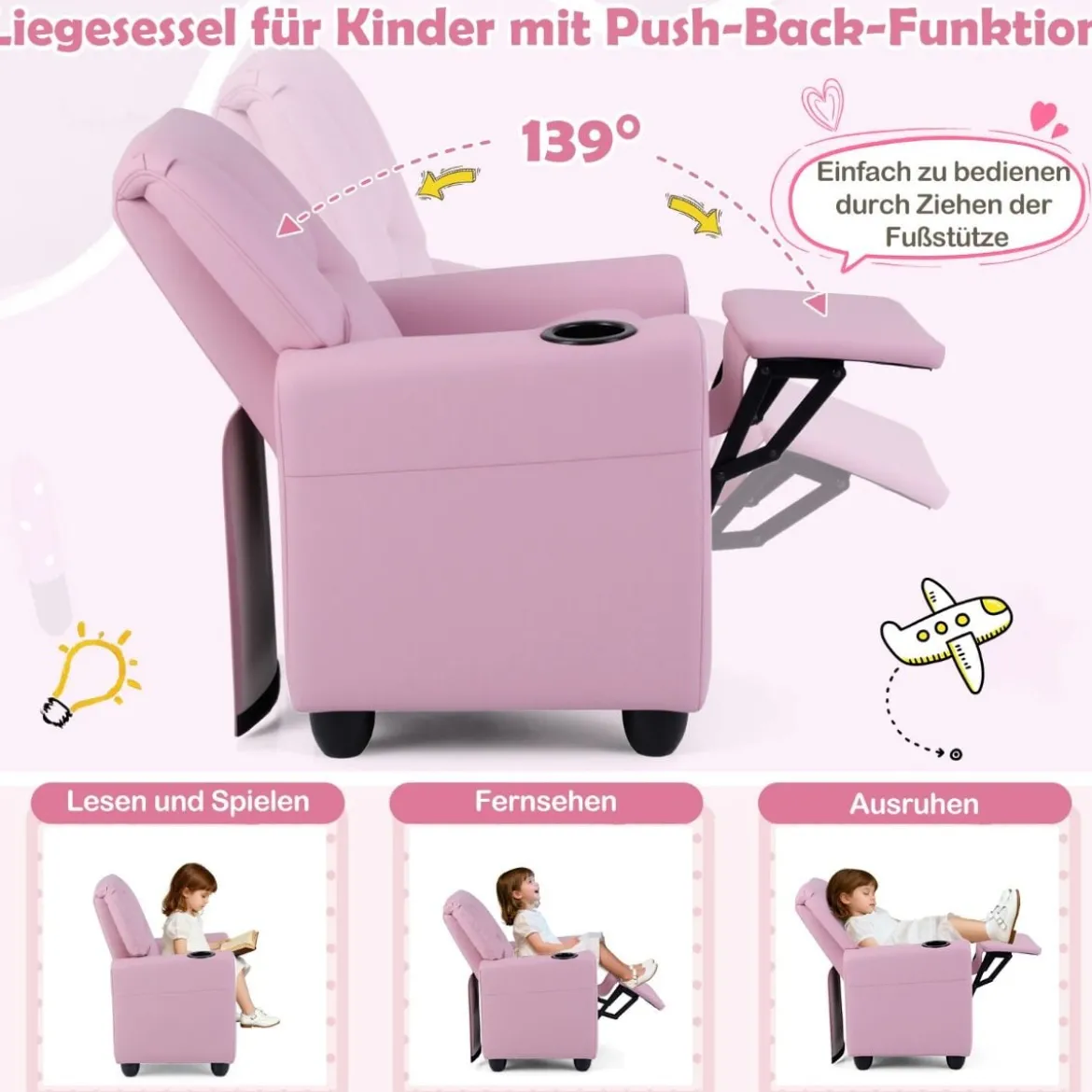 Kindersessel mit Relaxfunktion & Verstellbarer Rückenlehne & Fußstütze Kindersofa Rosa