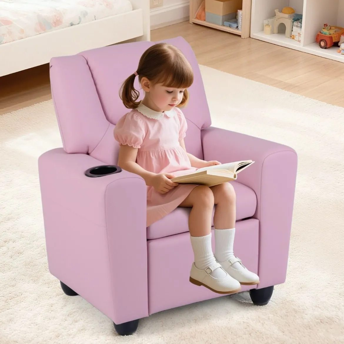 Kindersessel mit Relaxfunktion & Verstellbarer Rückenlehne & Fußstütze Kindersofa Rosa