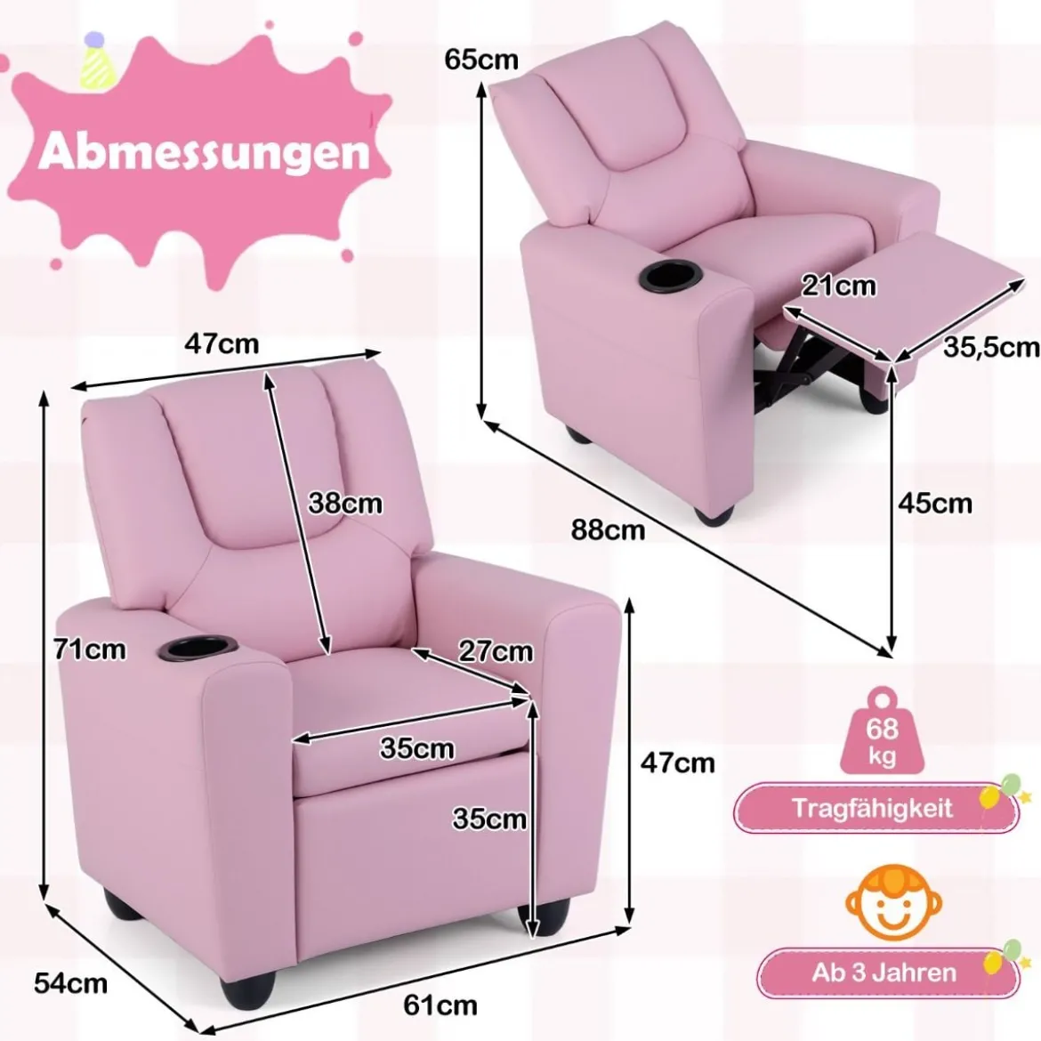 Kindersessel mit Relaxfunktion & Verstellbarer Rückenlehne & Fußstütze Kindersofa Rosa