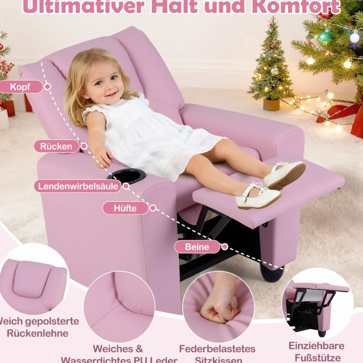 Kindersessel mit Relaxfunktion & Verstellbarer Rückenlehne & Fußstütze Kindersofa Rosa