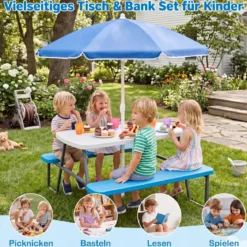 Kindersitzgruppe aus HDPE Kinder Picknicktisch mit 2 Bänken und Höhenverstellbarem & Abnehmbarem Sonnenschirm