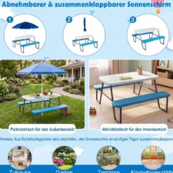 Kindersitzgruppe aus HDPE Kinder Picknicktisch mit 2 Bänken und Höhenverstellbarem & Abnehmbarem Sonnenschirm