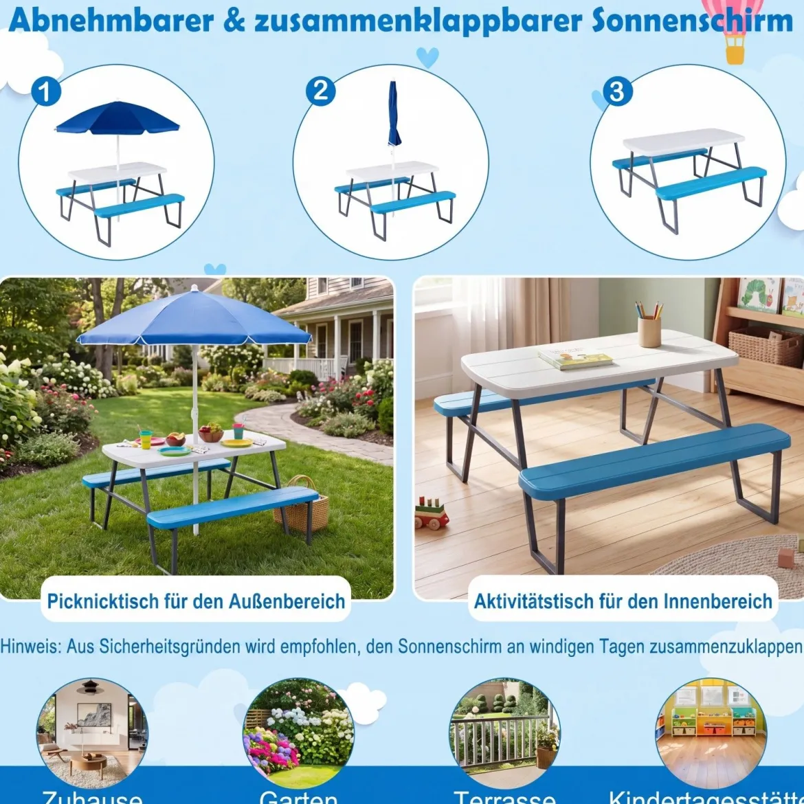 Kindersitzgruppe aus HDPE Kinder Picknicktisch mit 2 Bänken und Höhenverstellbarem & Abnehmbarem Sonnenschirm