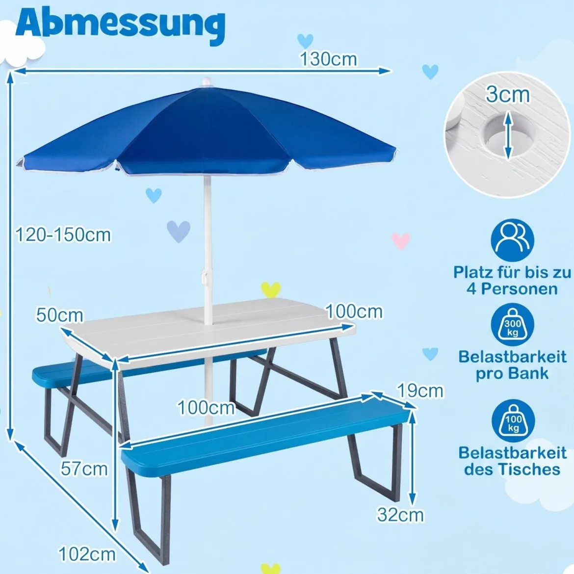 Kindersitzgruppe aus HDPE Kinder Picknicktisch mit 2 Bänken und Höhenverstellbarem & Abnehmbarem Sonnenschirm