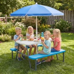 Kindersitzgruppe aus HDPE Kinder Picknicktisch mit 2 Bänken und Höhenverstellbarem & Abnehmbarem Sonnenschirm