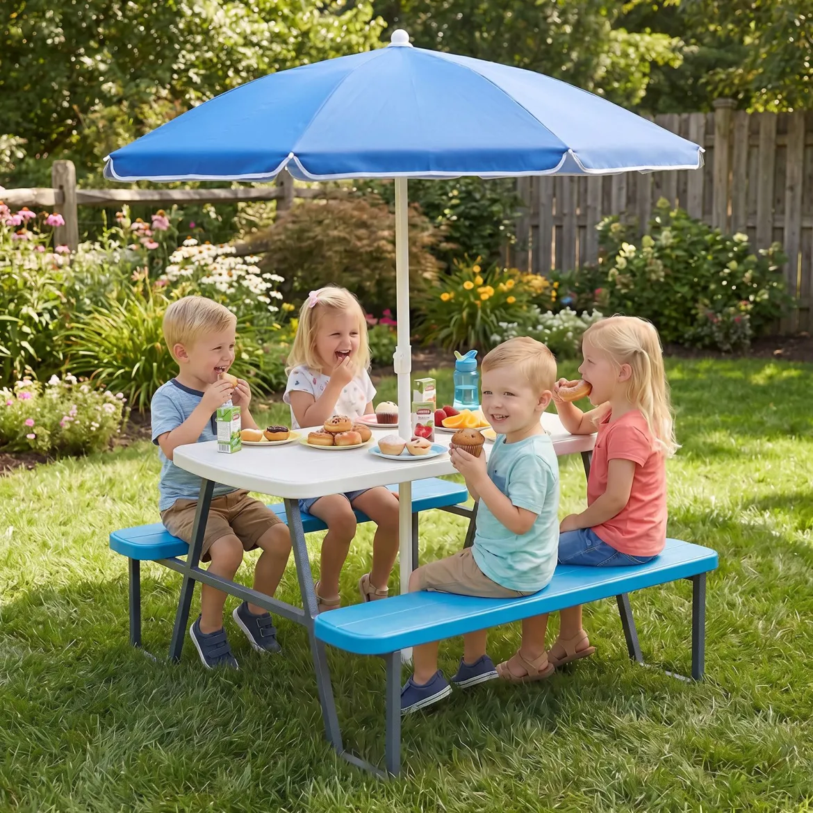 Kindersitzgruppe aus HDPE Kinder Picknicktisch mit 2 Bänken und Höhenverstellbarem & Abnehmbarem Sonnenschirm