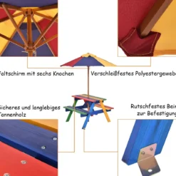 Kinder Sitzgruppe aus Holz Sitzgarnitur Gartengarnitur Kindermöbel Kindertisch mit Sonnenschirm & 2 Bänken für Außen
