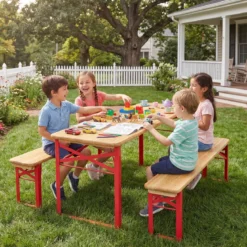 Kindersitzgruppe Faltbare Sitzgruppe mit Picknicktisch & 2 Kinderbänken Kindertisch & Sitzbank