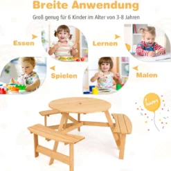 Kindersitzgruppe Kinder Picknicktisch mit Bänke & Schirmloch Kindersitzgarnitur aus Holz Natur