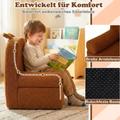 Kindersofa Bär Kindersessel mit abnehmbarem Teddy-Fleece Bezug & Schaumstoff Braun