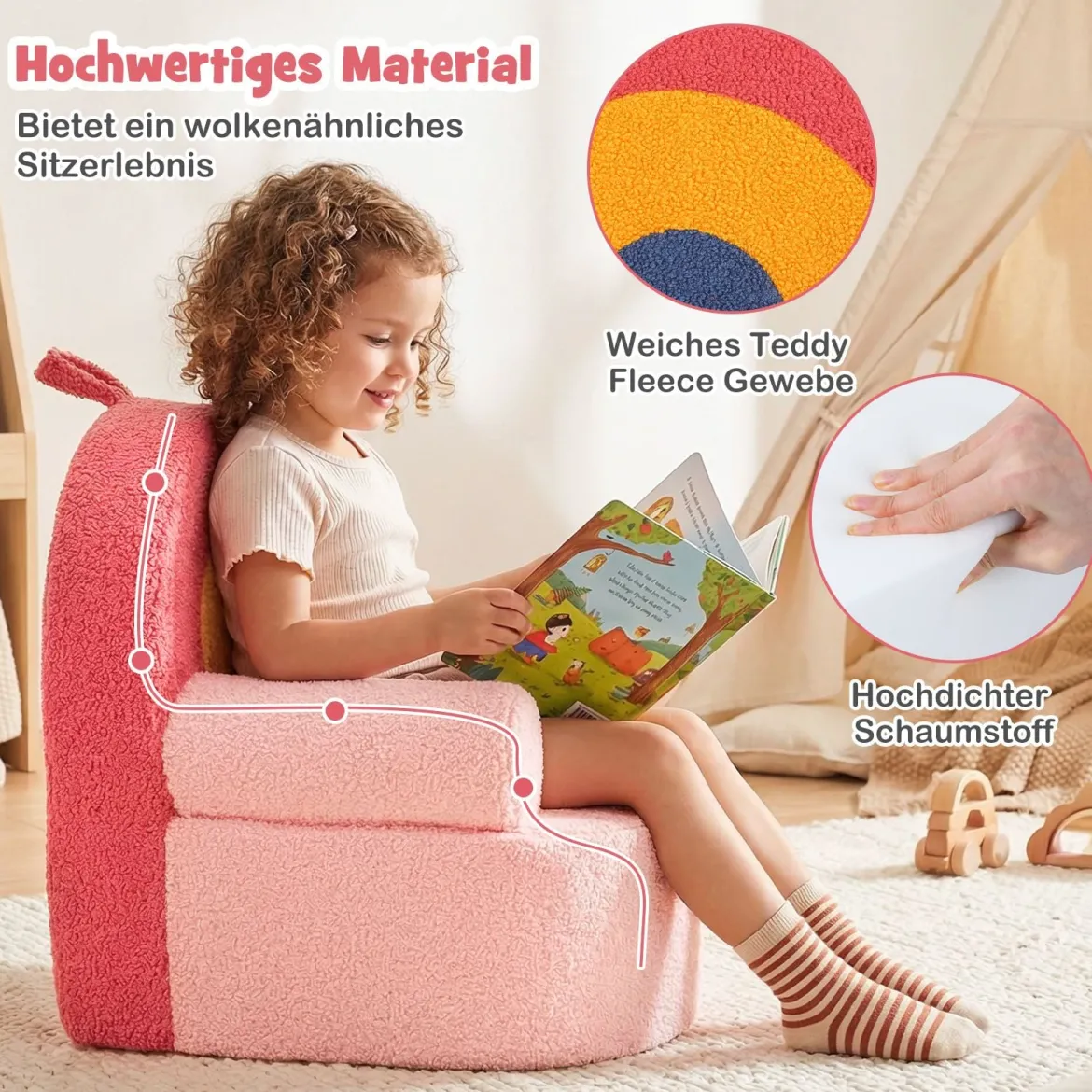 Kindersofa ergonomischer Kindersessel mit hochdichtem Schaumstoff & Teddyplüsch Rosa