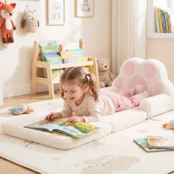 Kindersofa 2 in 1 Kindersessel Ausklappbar Kindercouch mit Abnehmbarem Bezug in Bärenpfoten-Design Rosa