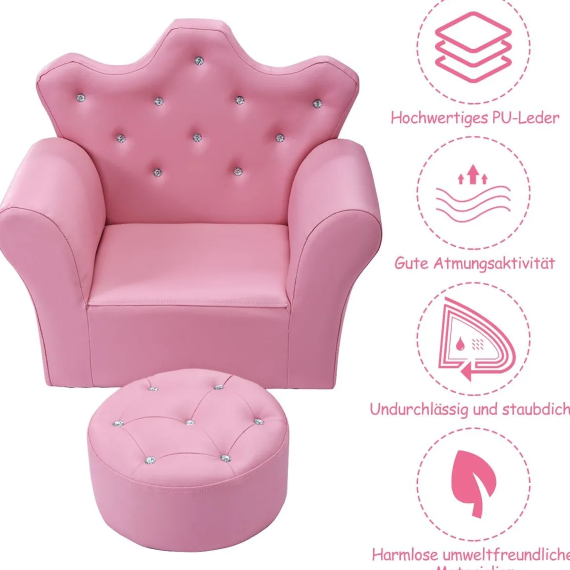 Kindersofa Kindersessel Kindercouch mit Ottomane Rosa 58 x 40,5 x 49 cm