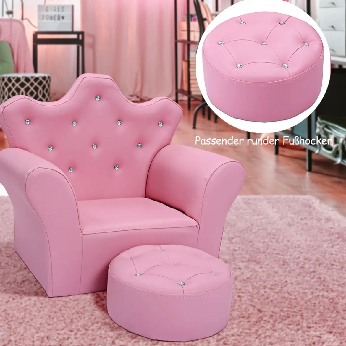 Kindersofa Kindersessel Kindercouch mit Ottomane Rosa 58 x 40,5 x 49 cm