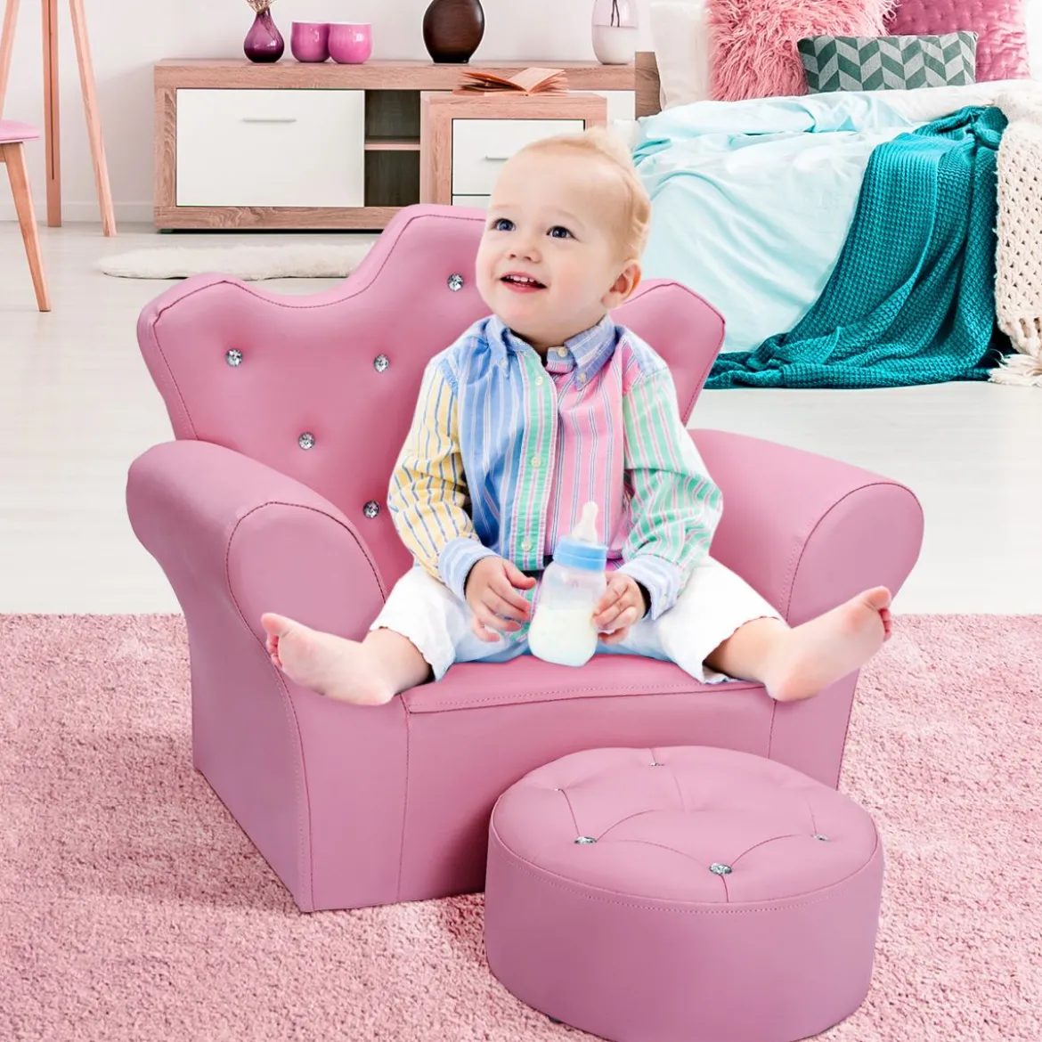 Kindersofa Kindersessel Kindercouch mit Ottomane Rosa 58 x 40,5 x 49 cm