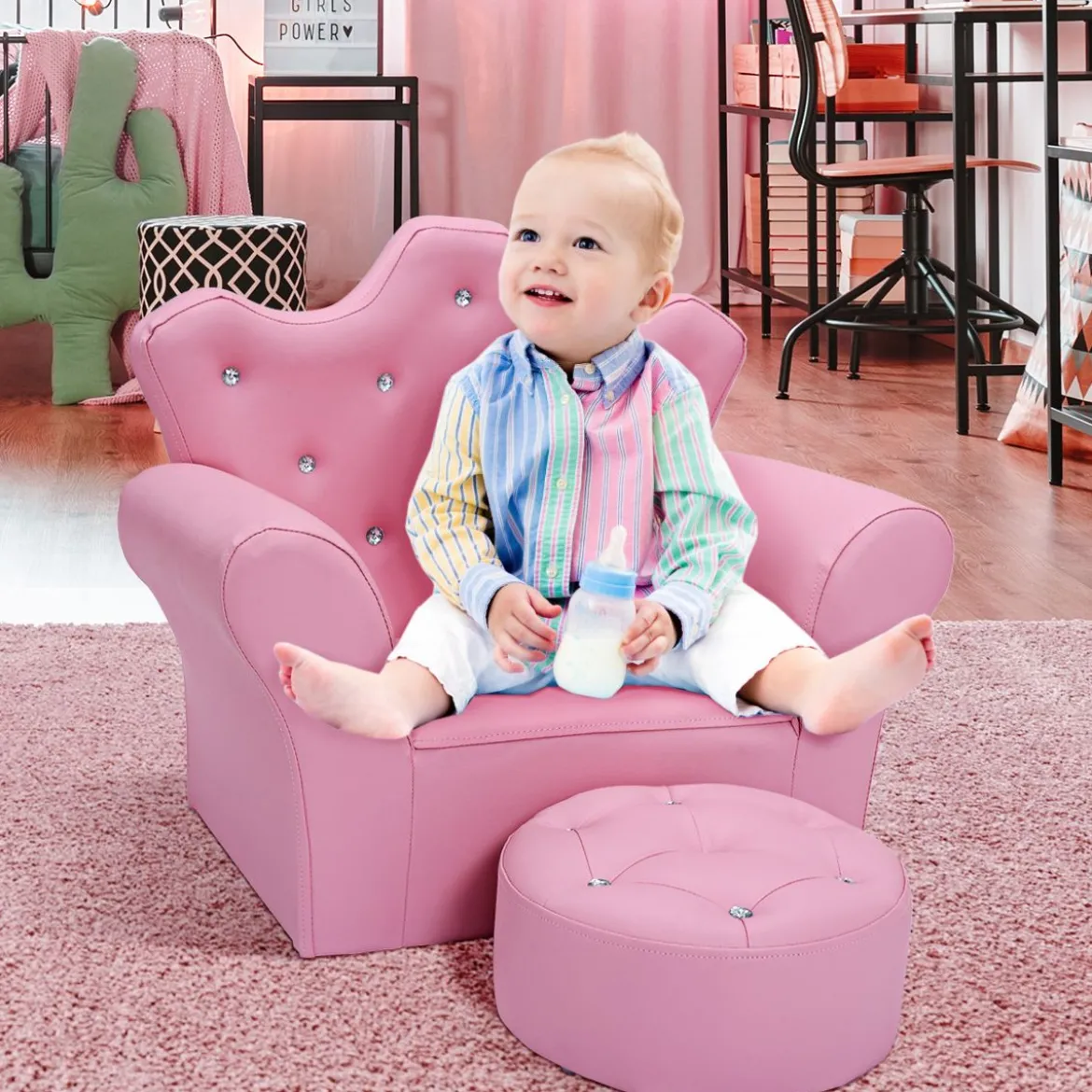 Kindersofa Kindersessel Kindercouch mit Ottomane Rosa 58 x 40,5 x 49 cm
