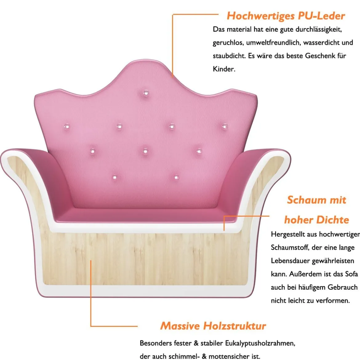 Kindersofa Kindersessel Kindercouch mit Ottomane Rosa 58 x 40,5 x 49 cm