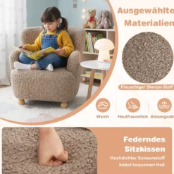 Kindersofa Kindersessel mit Rückenlehne & Holzbeinen gepolsterter Kinderstuhl Kindercouch Braun 52 x 50 x 53 cm