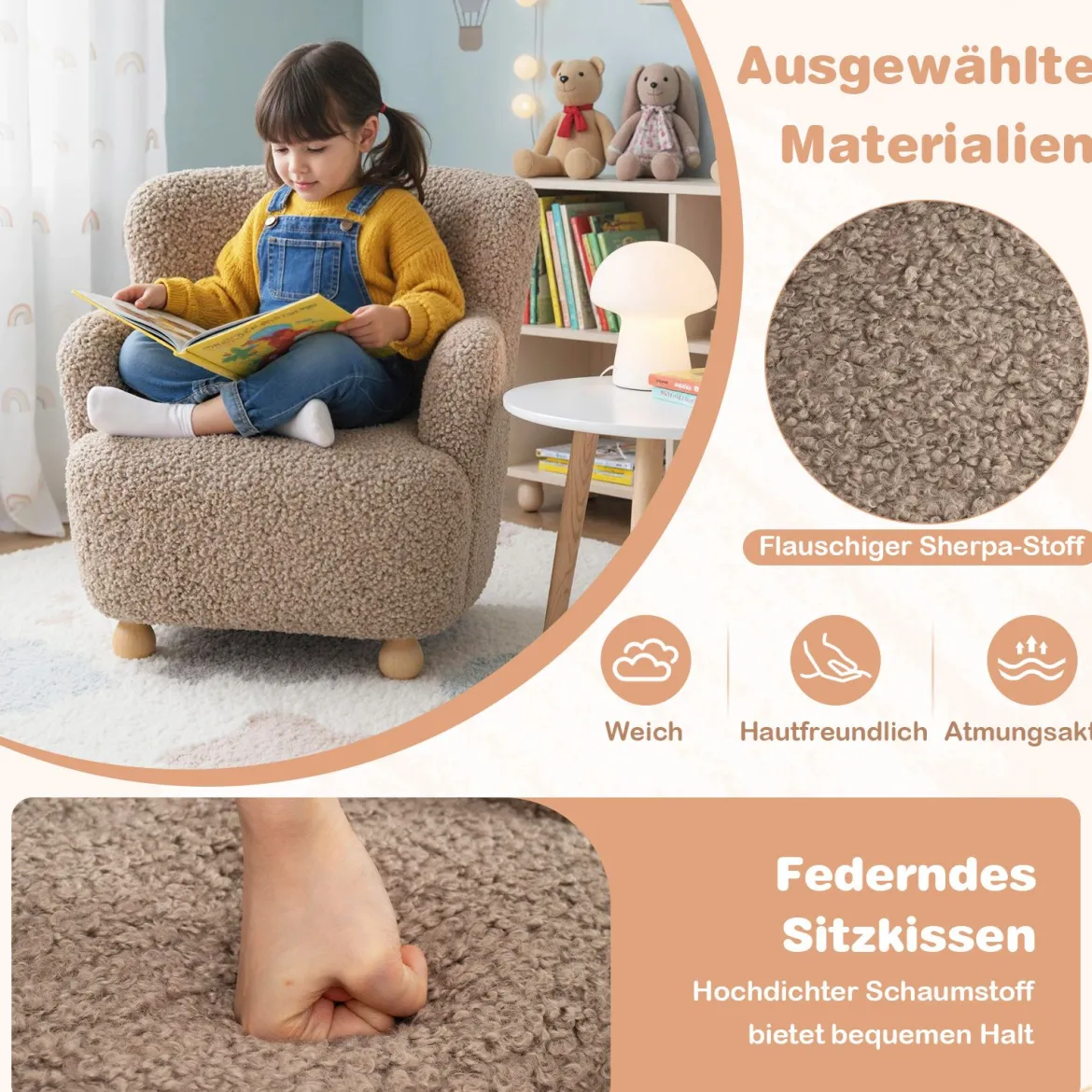 Kindersofa Kindersessel mit Rückenlehne & Holzbeinen gepolsterter Kinderstuhl Kindercouch Braun 52 x 50 x 53 cm