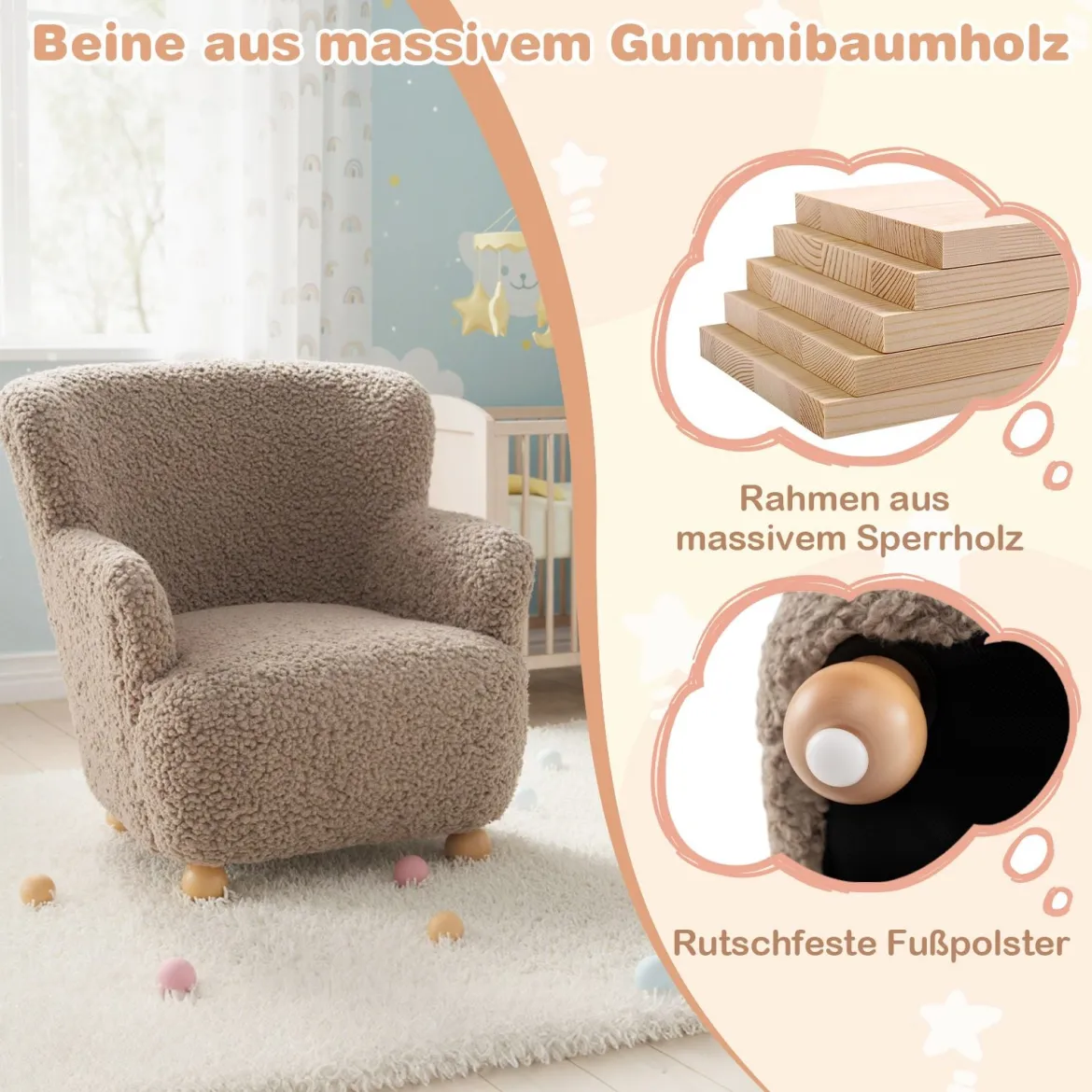 Kindersofa Kindersessel mit Rückenlehne & Holzbeinen gepolsterter Kinderstuhl Kindercouch Braun 52 x 50 x 53 cm
